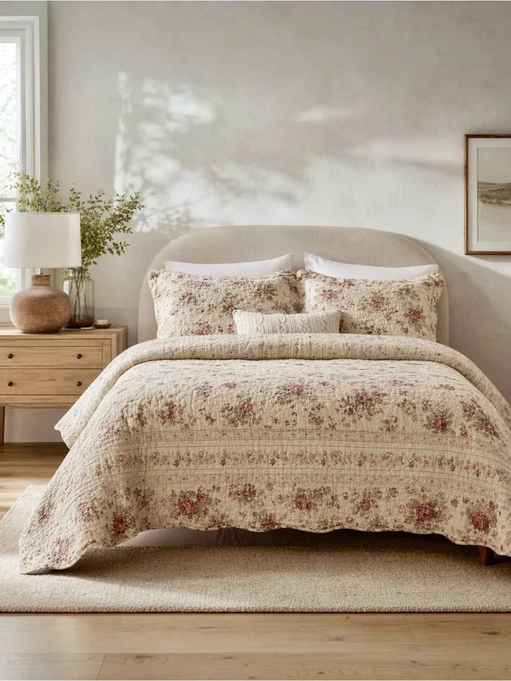 NEW Anthro White Red Floral Cream Queen King Quilt Bedspread Bedding & Sham Set